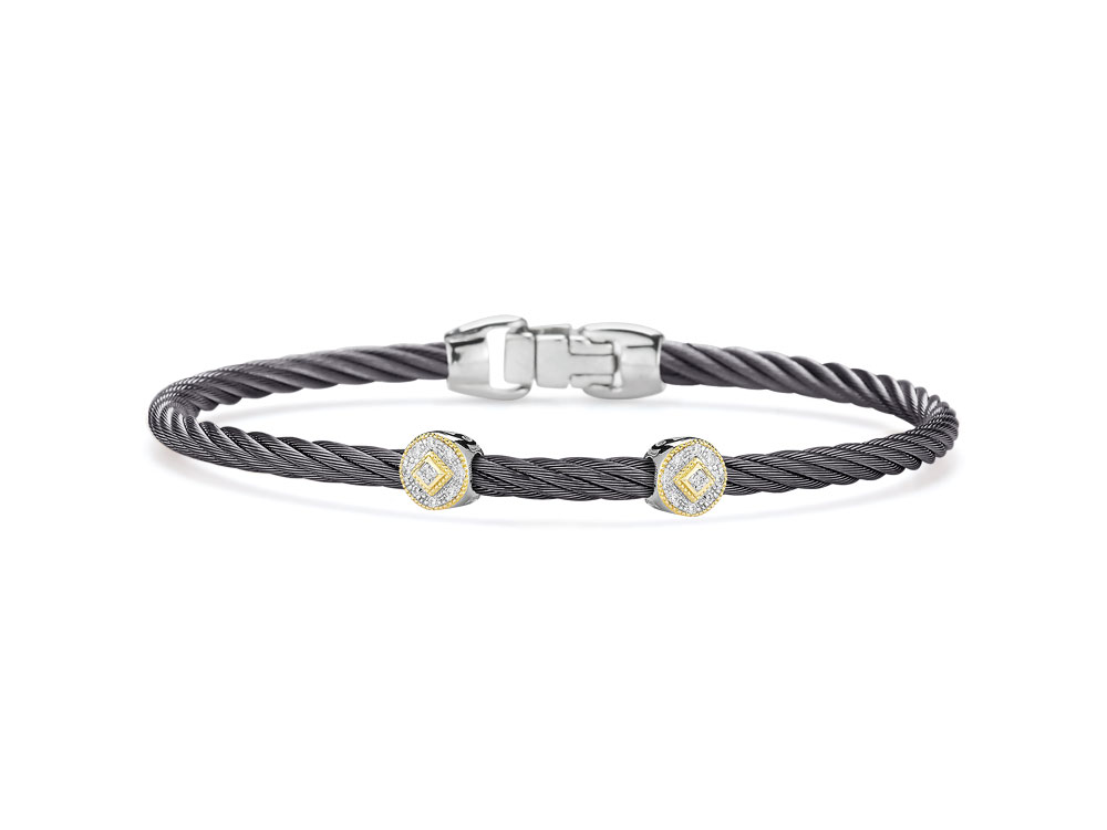 Steel Grey Cable Essential Stackable Bracelet With Double Round Diamond Station Set In 18k Yellow Gold