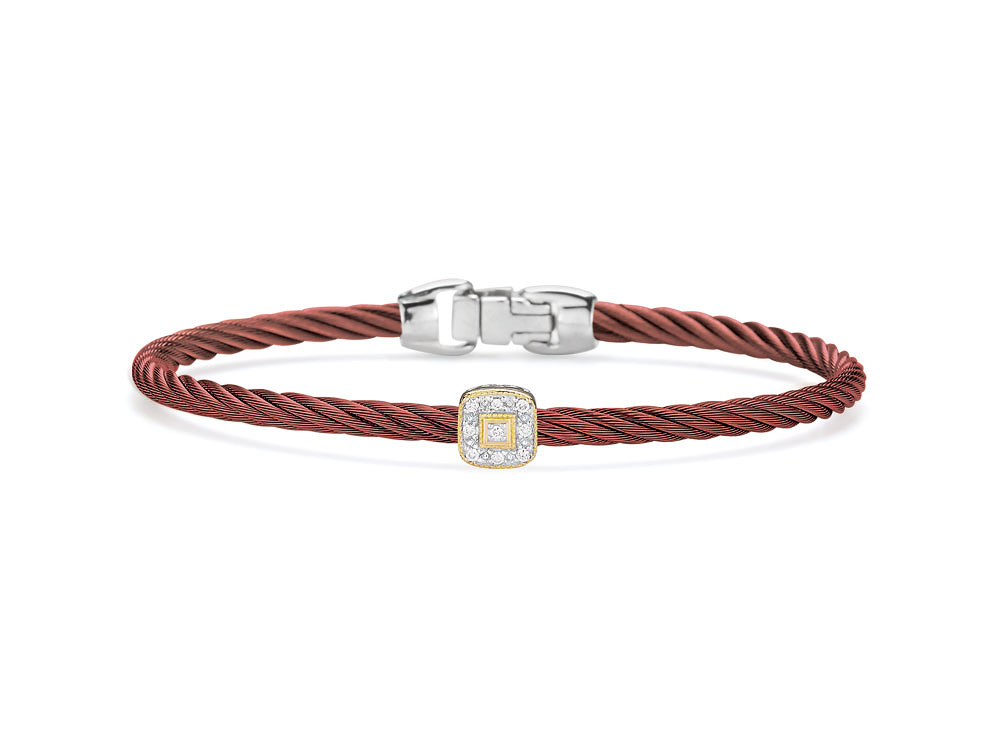 Burgundy Cable Essential Stackable Bracelet With Single Square Diamond Station Set In 18k Rose Gold