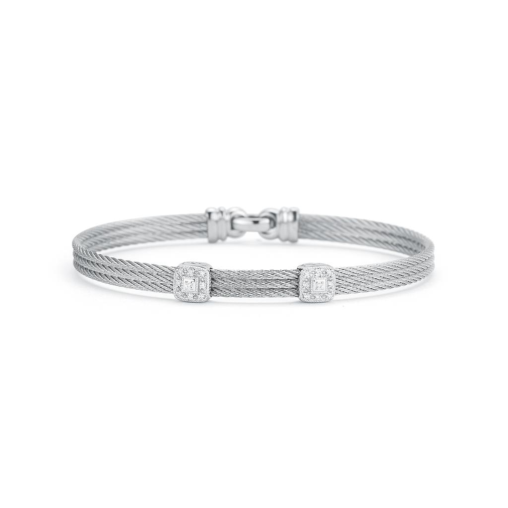 Grey Cable Classic Stackable Bracelet With Double Square Station Set In 18k White Gold