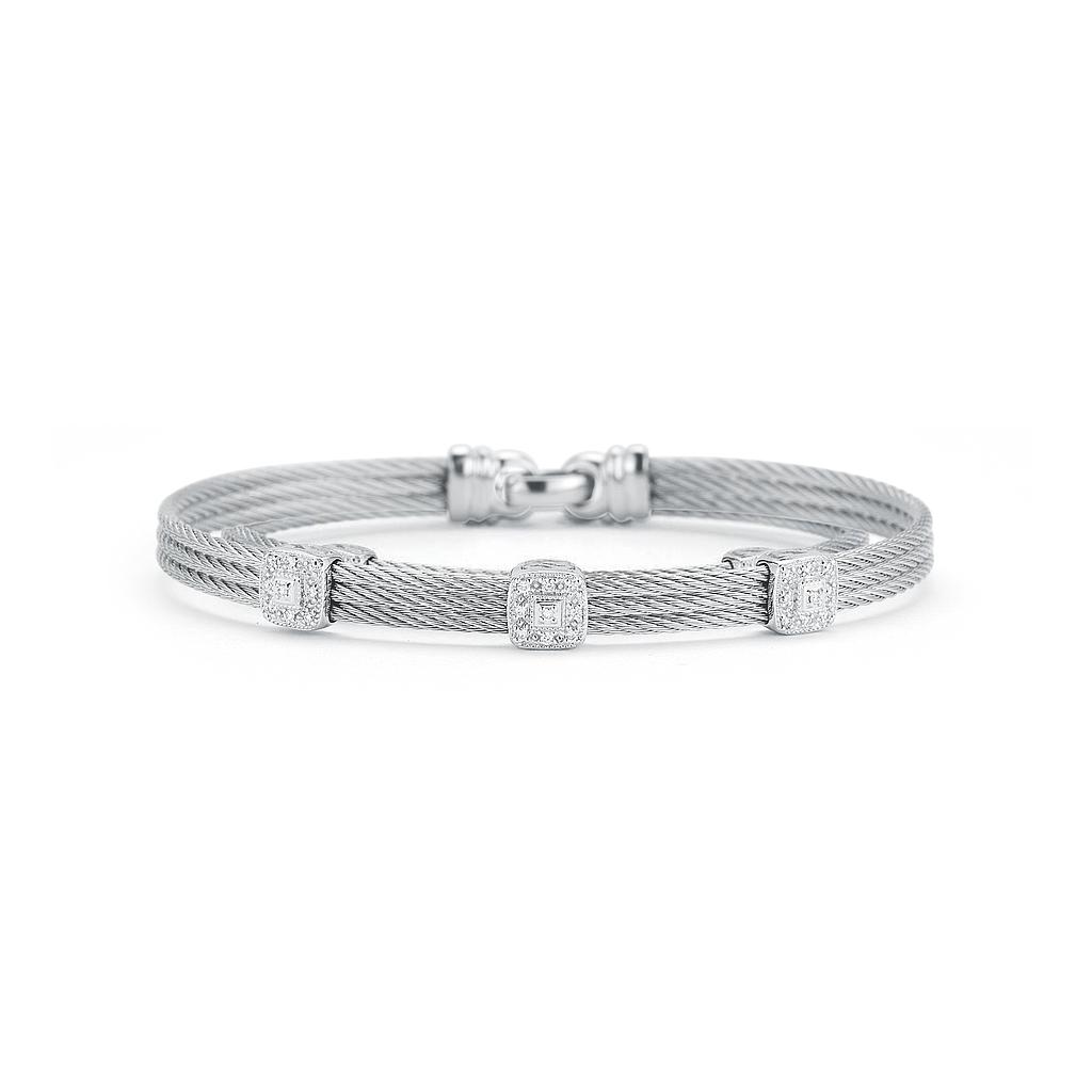 Grey Cable Classic Stackable Bracelet With Triple Square Station Set In 18k White Gold