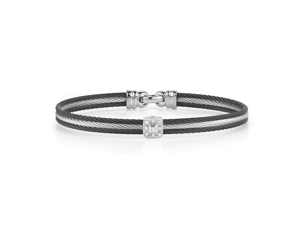 Black & Grey Cable Classic Stackable Bracelet With Single Square Station Set In 18k White Gold
