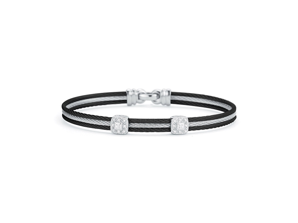 Black & Grey Cable Classic Stackable Bracelet With Double Square Station Set In 18k White Gold