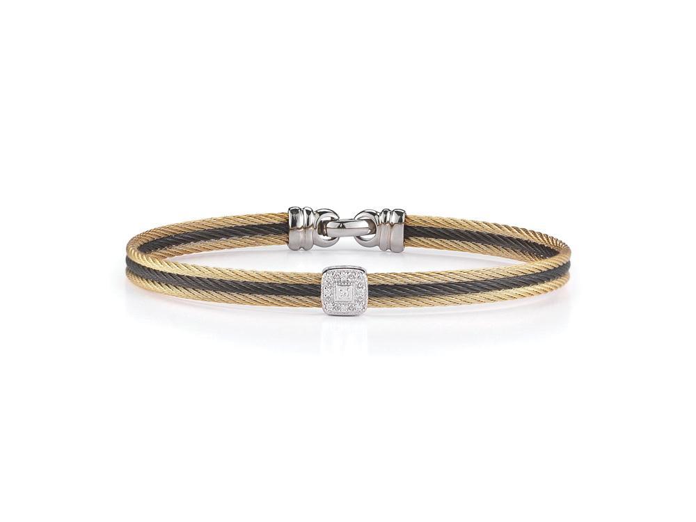 Yellow & Black Cable Classic Stackable Bracelet With Single Square Station Set In 18k White Gold
