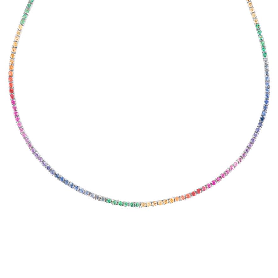 18k Rainbow Tennis Necklace With Sapphire Ruby & Emeralds