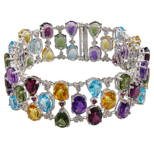 14k White Gold Diamond & Multicolor 3 Row Bracelet