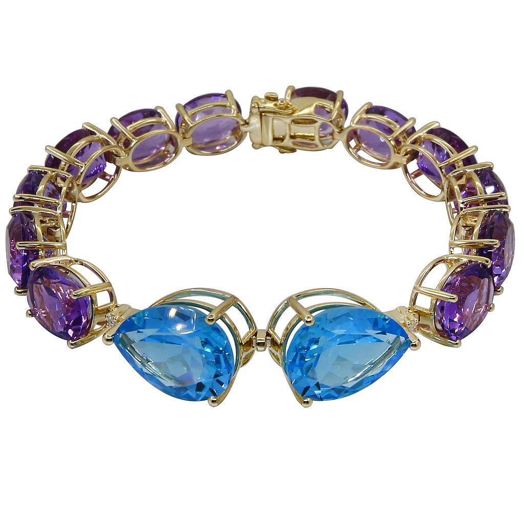 14k Yellow Gold Blue Topaz & Amethyst Bracelet