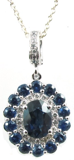 14k White Gold Sapphire Pendant With Sapphire & Diamond Halo