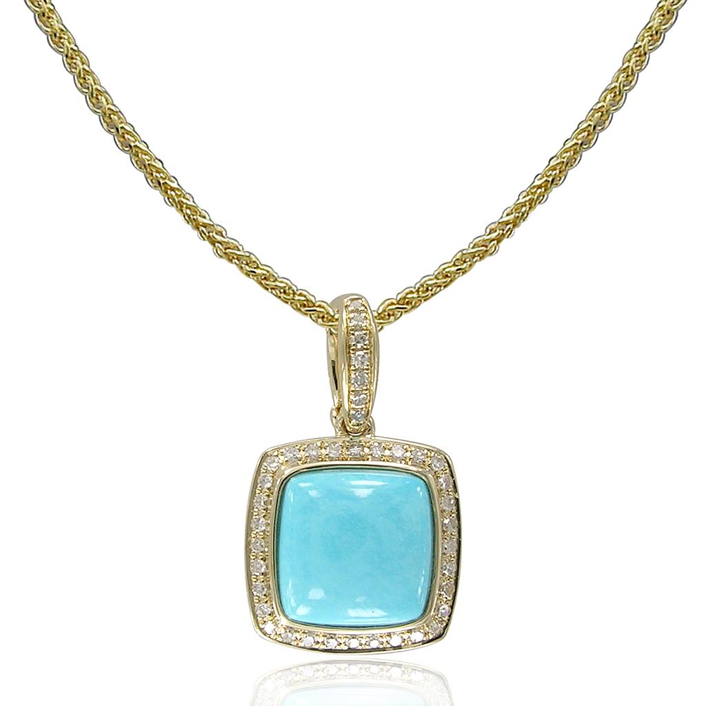 14k Yellow Gold Cushion Turquoise With Diamond Halo Pendant & Chain