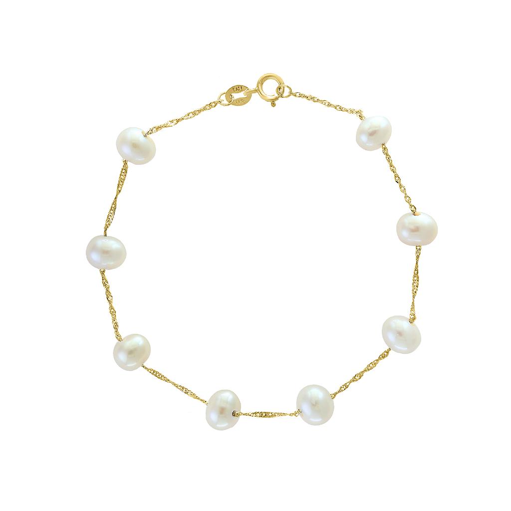 14k Yellow Gold White Fresh Water Pearl Bracelet Center: 6-6.5m Length 7.5"