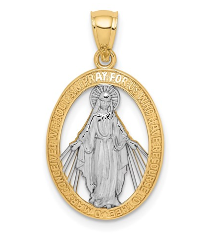 14k White Rhodium Polished Miraculous Medal Pendant