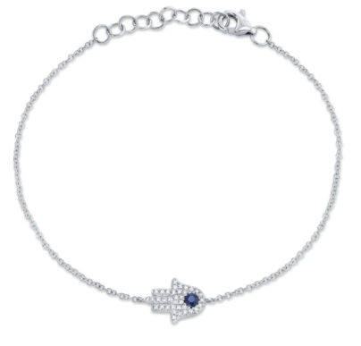 14k White Gold Diamond & Blue Sapphire Hamsa Bracelet