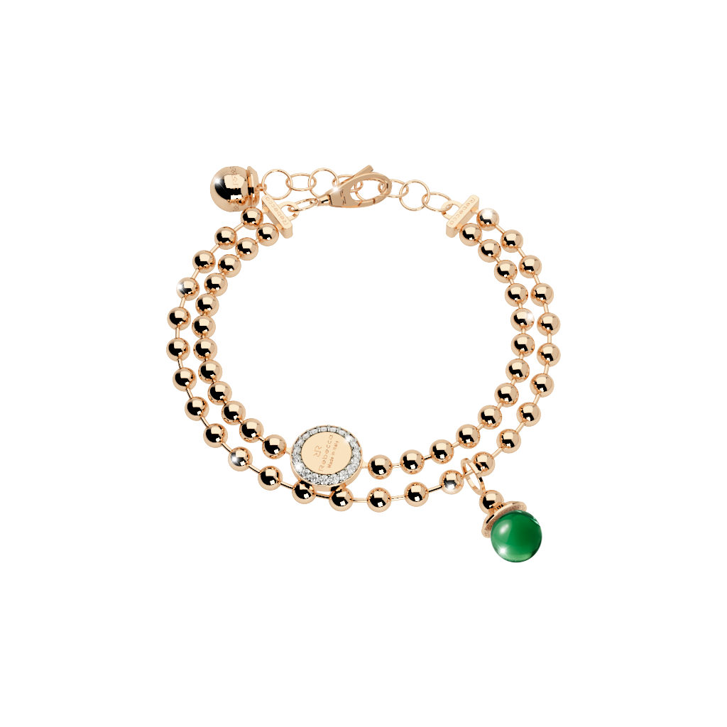 Yellow Gold Plated Double Strand Beaded Bracelet W/Green Stone