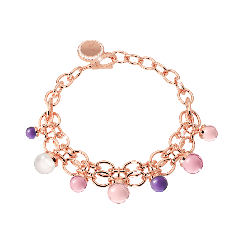 Hollywood Stone Rose Tone Bracelet W/Multicolor Bead 7 Bead Dangles