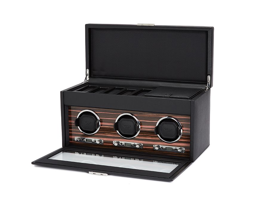 3 Watch Winder W/Storage Case Black Leather W/Wood Face