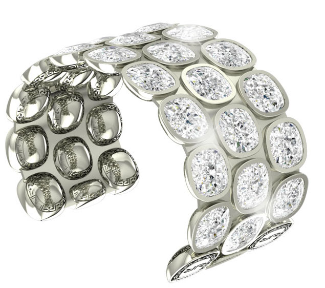 White 3 Row White Cushion Crystal Cuff Bracelet