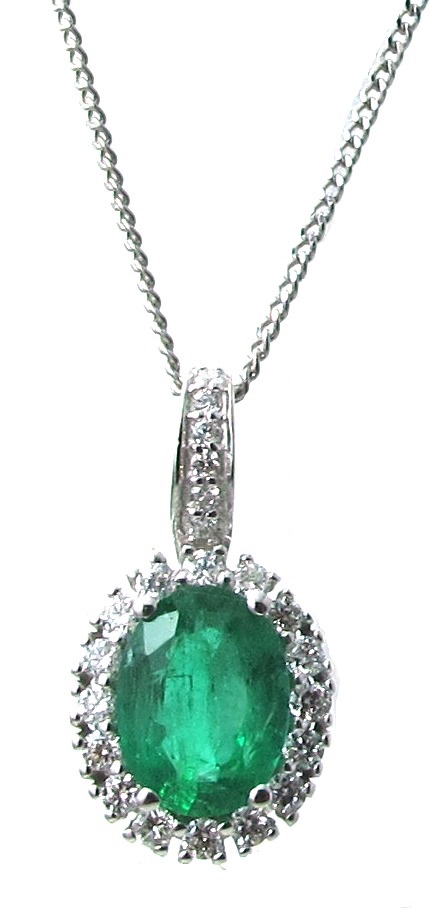 14k White Gold Oval Precious Gem With Diamond Halo Necklace