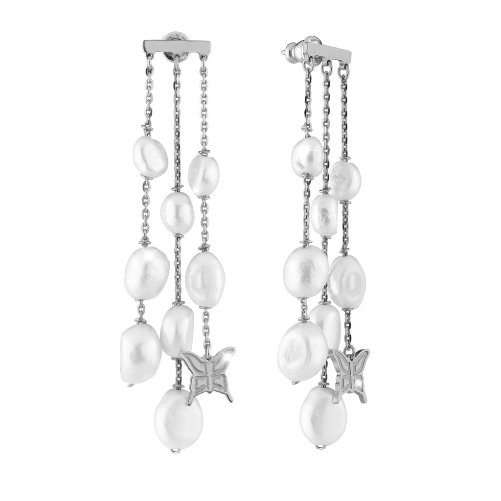 Butterlfy & Pearl Triple Strand Dangle Earrings