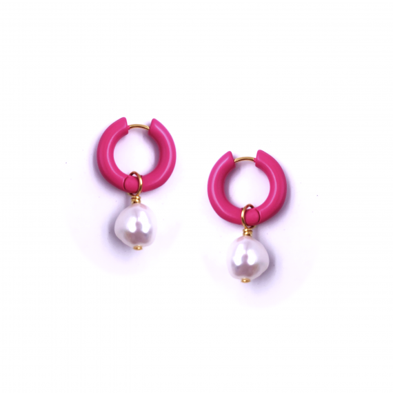 Fuschsia Mini Huggies with Pearl Drop