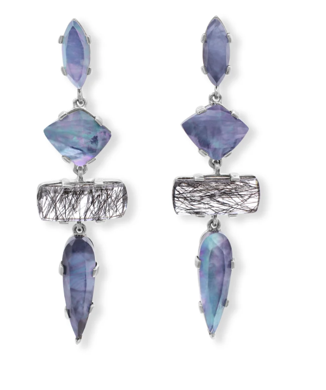 Natural Quatrz Mother of Perl Black Agate and Black Hair Tourmalated Quartz Drop Earrings