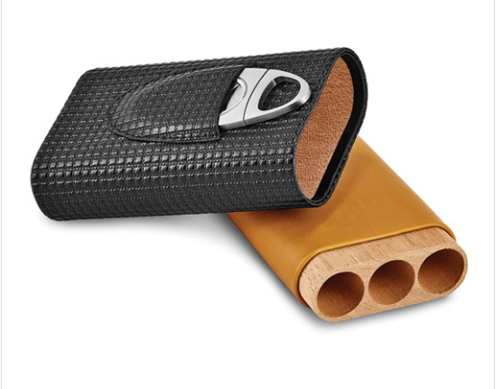 Black Carbon Fiber and Tan Polyurethane Cedar-Lined 3-Cigar Travel Case with Cigar Cutter