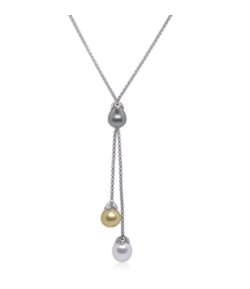Grey Chain & Tri-Colored South Sea Pearl Lariat Necklace