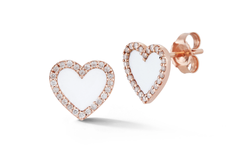 WHITE ENAMEL HEART STUD EARRING WITH DIAMOND BORDER