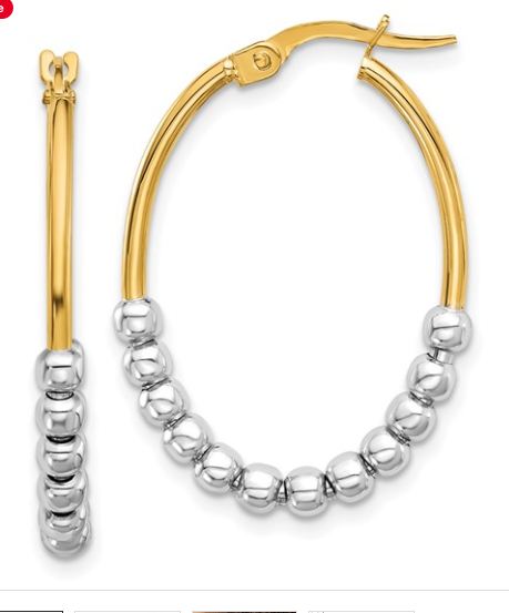14K Two-tone Polished Beaded Oval Hoop Earrings