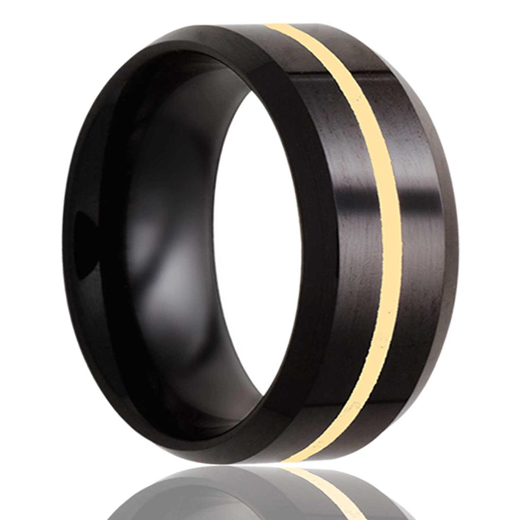 8mm Black Ceramic Beveled 1mm 14k Yellow Gold Wedding Band