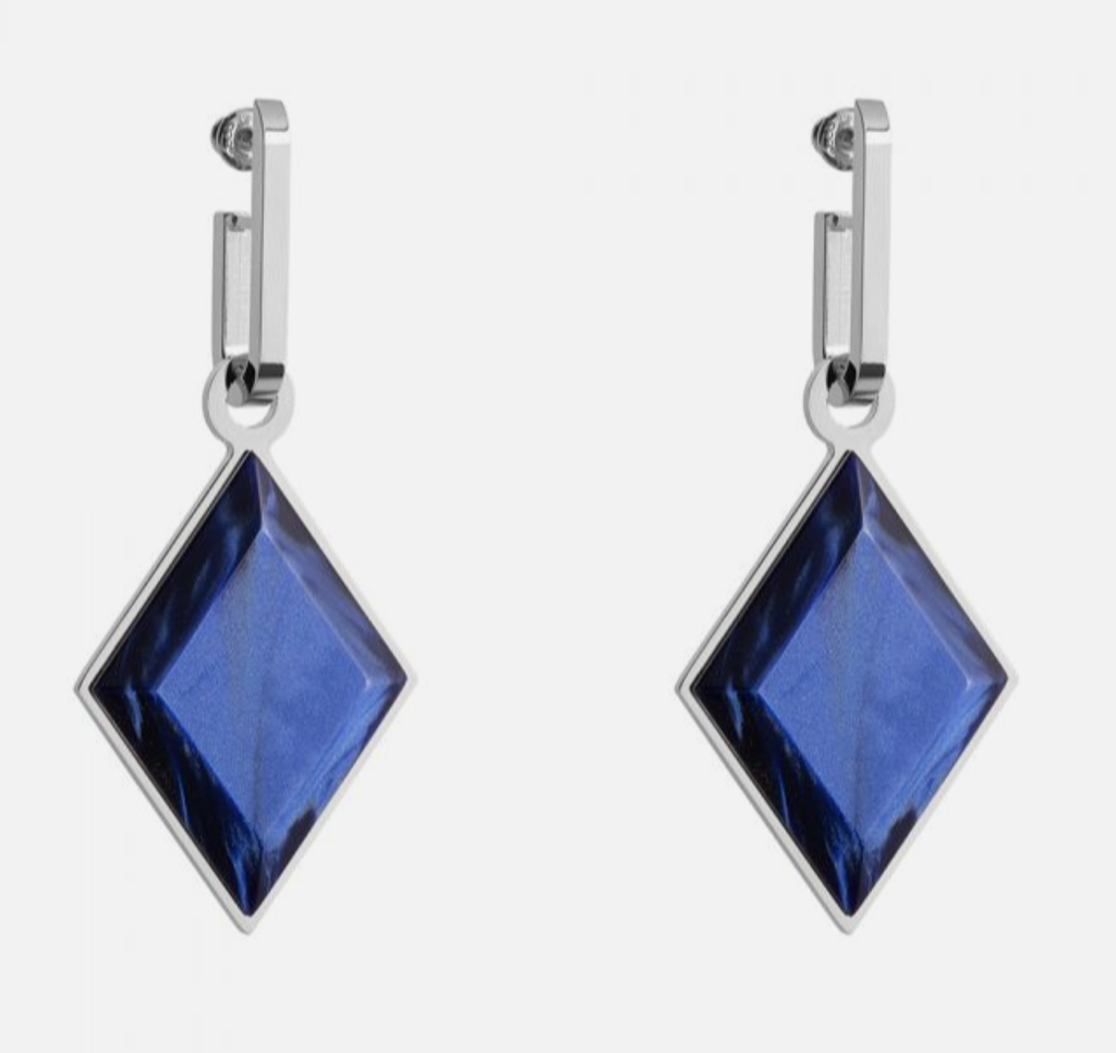 Gold Tone Blue Polymer Diamond Shape Earrings