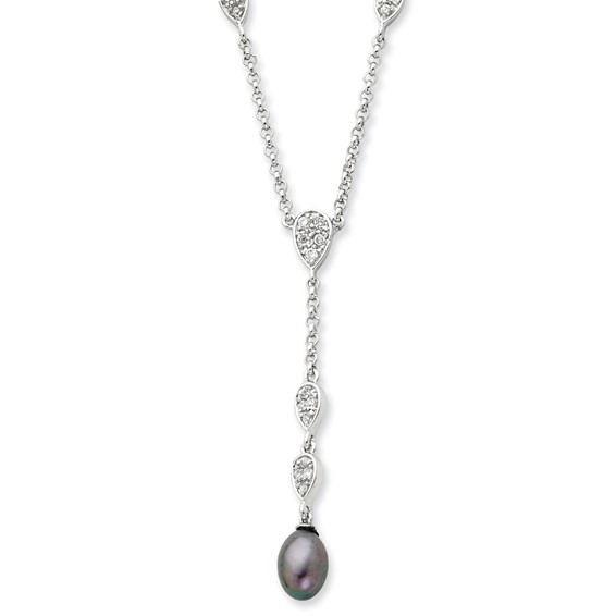Sterling Silver CZ and Grey FW Cultured Pearl 16in Necklace