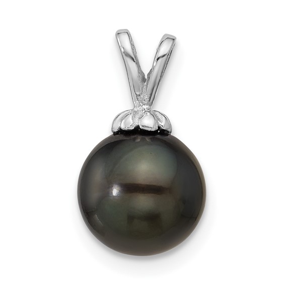 14K White Gold 8-9mm Round Black Saltwater Tahitian Pearl Pendant