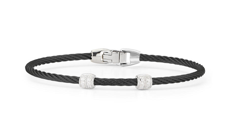 Cable Double Barrel Station Stackable Bracelet with 18kt White Gold & Diamonds