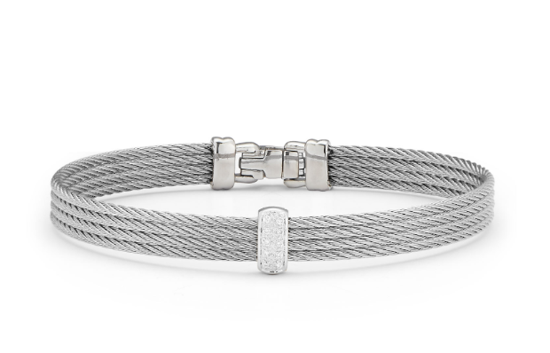 18k Bangle White Gold & Ss Grey Cable W/1 Rectangular Station