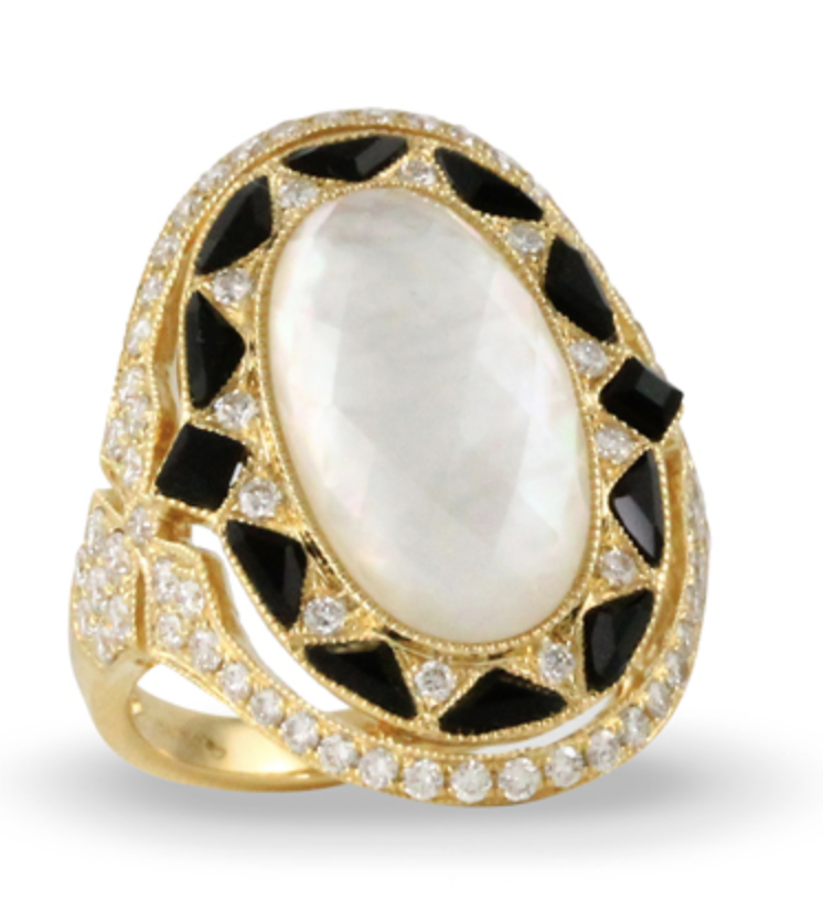 Mother of Pearl Faceted Ring with Onyx Bezel
