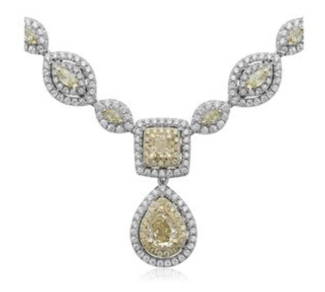 Two Toned Double Halo Yellow Diamond Necklace