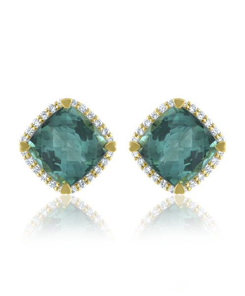 YG Indicolite and Diamond Cushion Stud Earrings