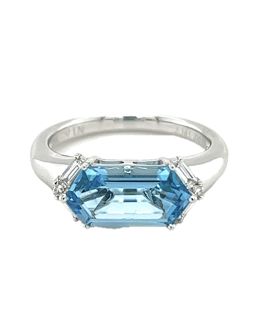 Blue Topaz Hexagon Ring with Diamond Baguettes