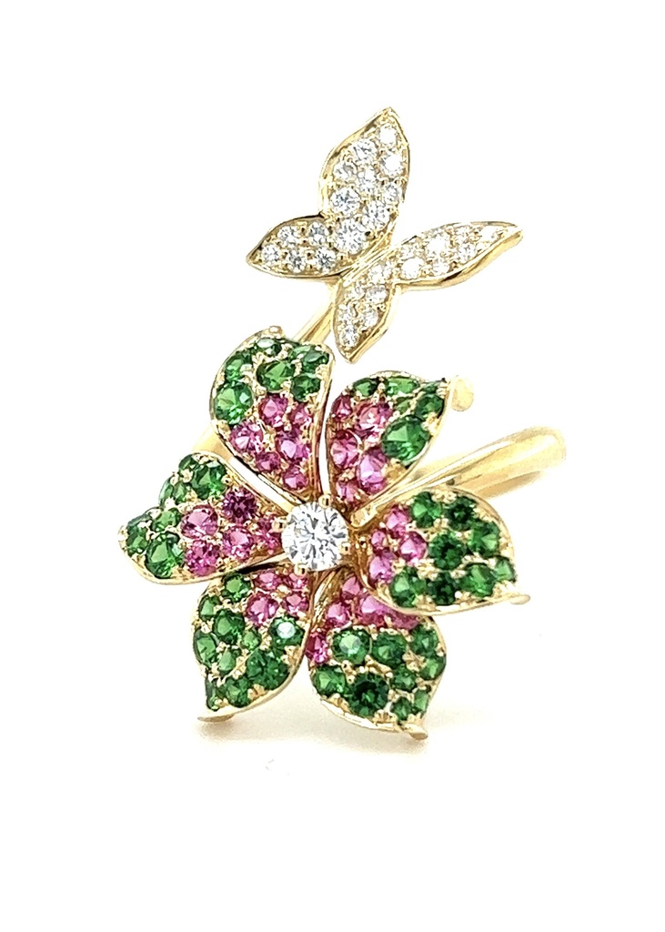 Green Tsavorite & Pink Sapphire Butterfly Flower Ring