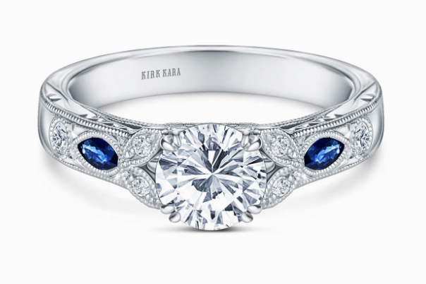 Sapphire Floral Diamond Engraved Engagement Ring