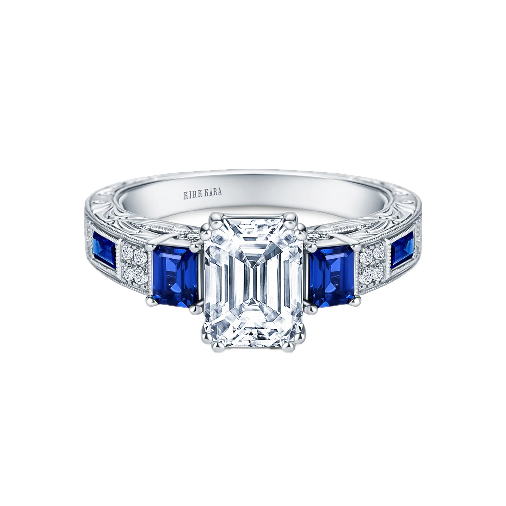 Kirk Kara  Deco Three Stone Engraved Blue Sapphire Baguette Diamond Engagement Ring