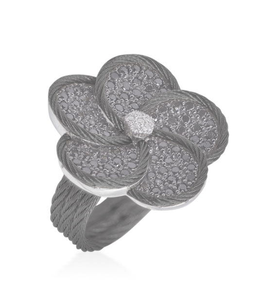 Forget-Me-Not Flower Ring with 18kt Gold & Black Diamonds