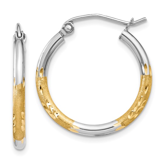 White Rhodium 2mm Satin and Polished Diamond-cut Hoop Earrings