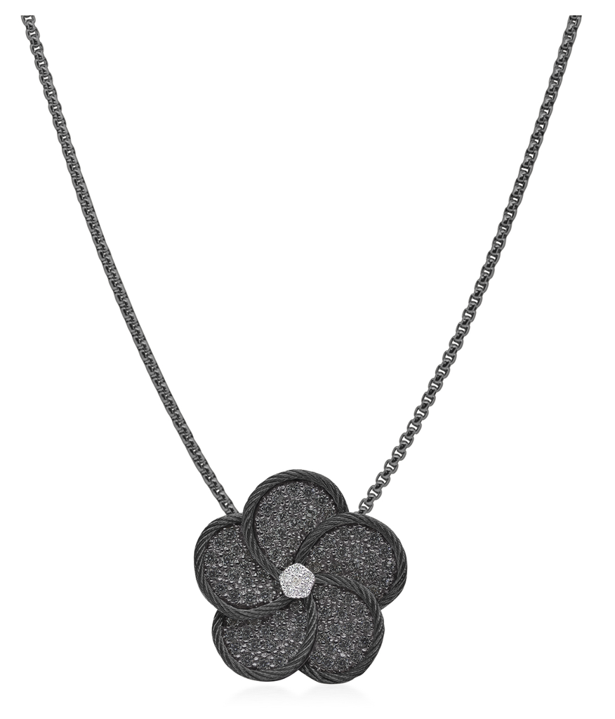 Forget-Me-Not Flower Necklace with 14kt Gold & Black Diamonds