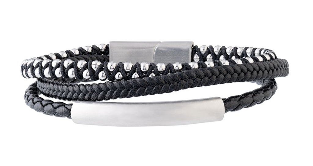Triple Strand Leather and Steel Bracelet