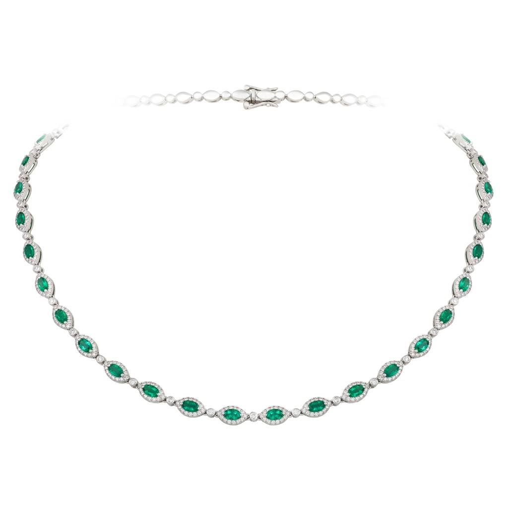 Oval Emerald and Round Diamond Tennis Necklace