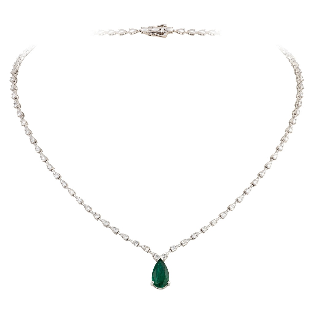 Pear Emerald Pendant on Diamond Necklace