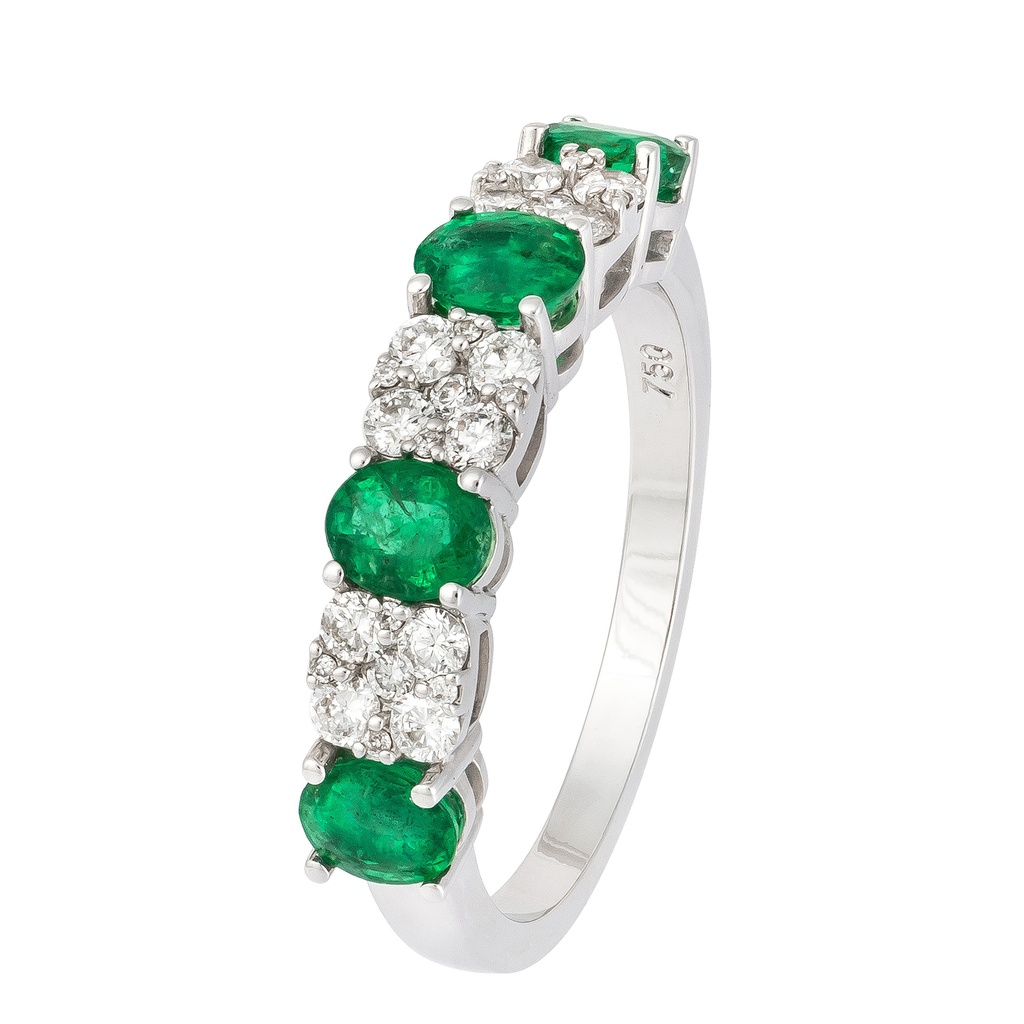 Alternating Emerald and Diamond Cluster Ring