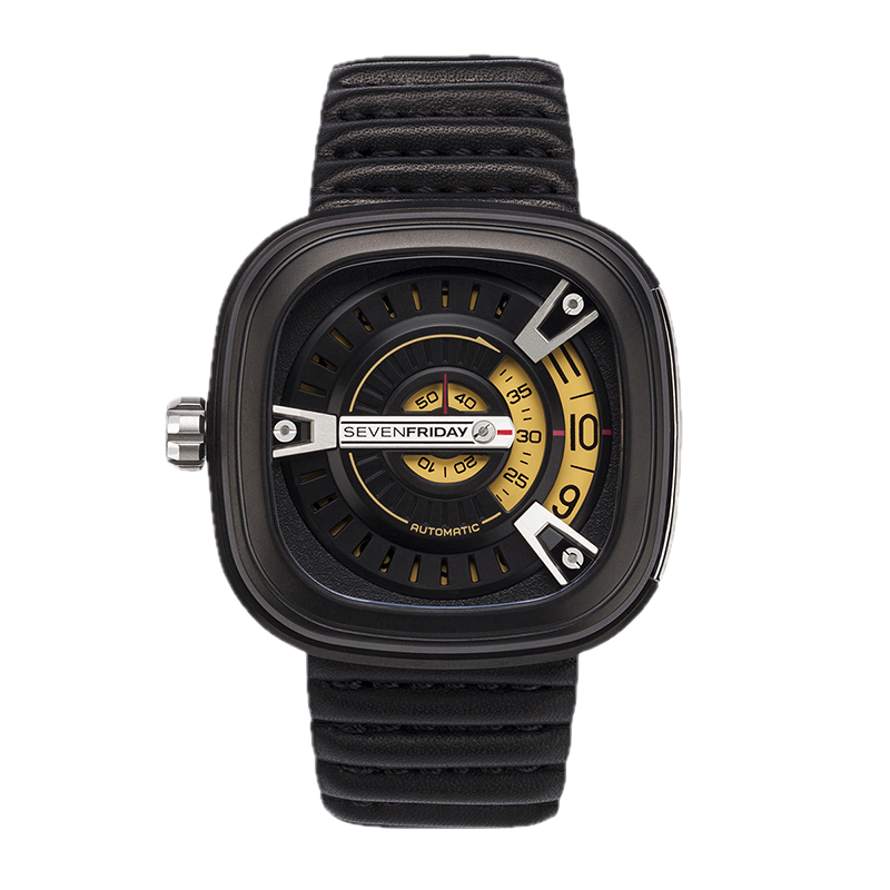 Sevenfriday M2/1 Stainless Steel & Black PVD Watch W/Yellow Accents On Black Strap.