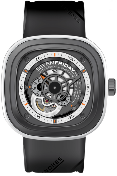 Sevenfriday P3-3 Industrial Engines Steel & Grey PVD Watch. White Case. Gry Rubber Strap.