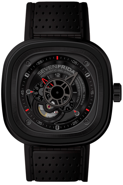 Sevenfriday P3/1 Industrial Engines Stainless Steel & Black PVD Watch W/Red Accents. Black/Red Strap